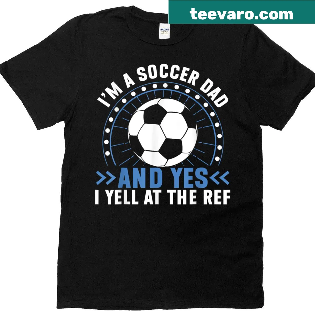 Soccer Dad T-shirt with humorous ref-yelling slogan — on a men's t-shirt
