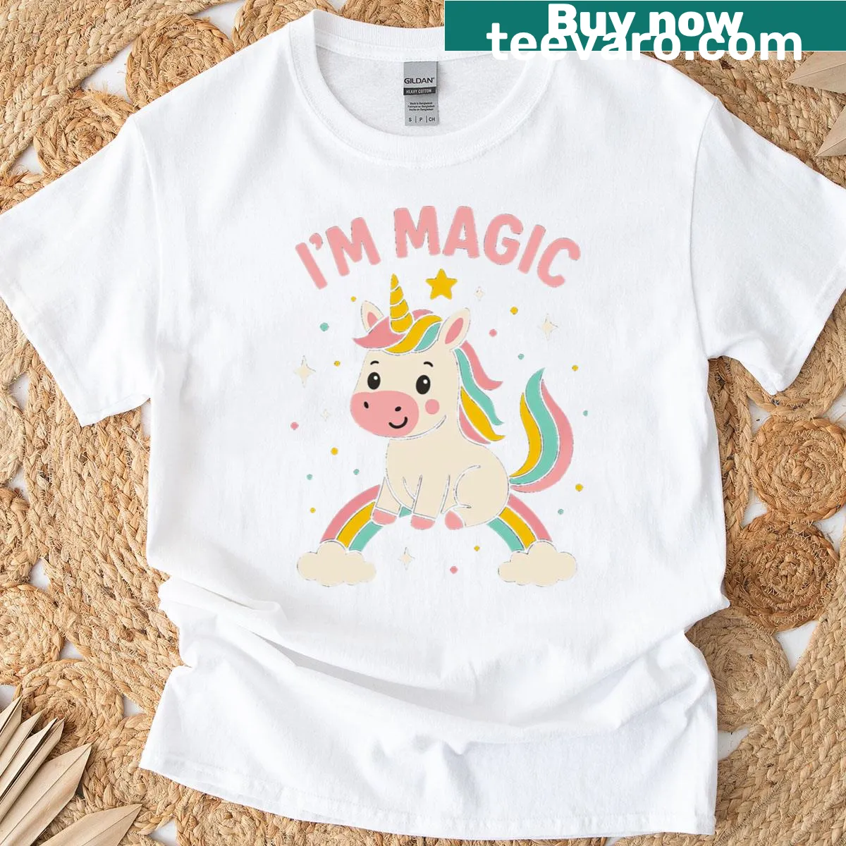 Cute unicorn graphic T-shirt with rainbow fantasy design — on a men's t-shirt