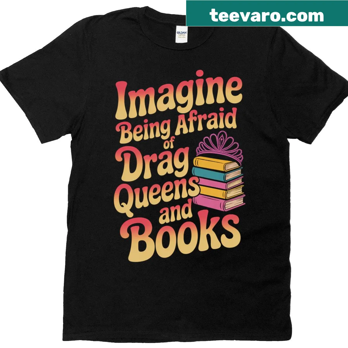 LGBT pride t-shirt with text about drag queens and books — on a men's t-shirt
