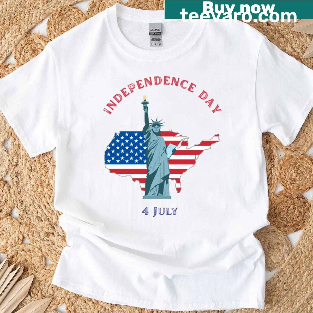 T-shirt depicting USA map with liberty symbols and flag elements — on a men's t-shirt