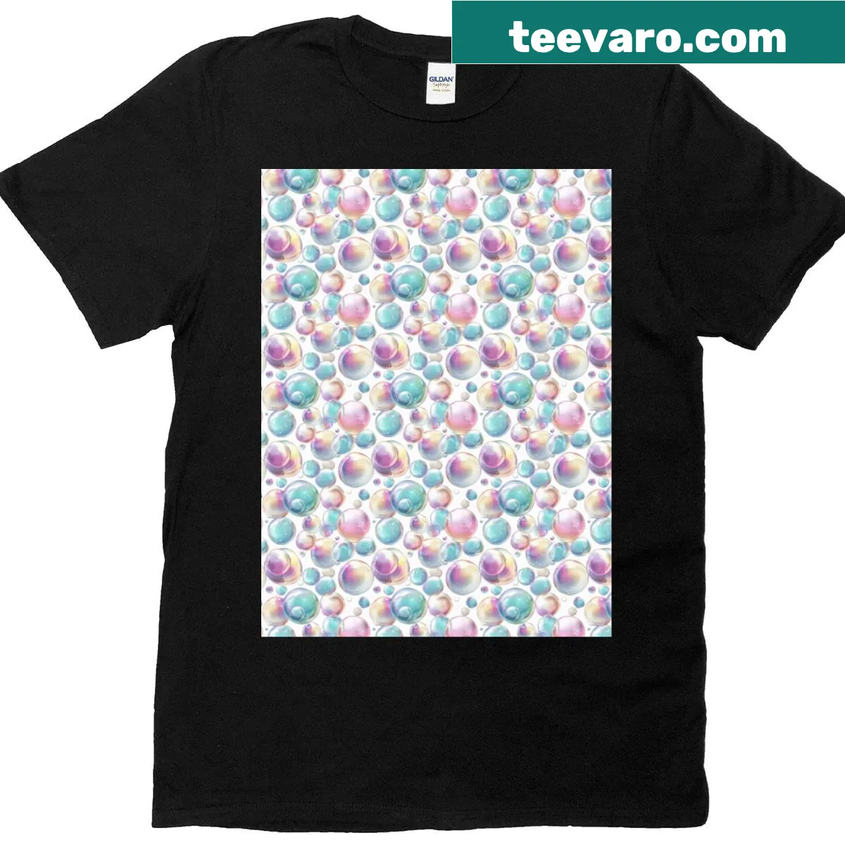 T-shirt featuring an iridescent rainbow bubbles pattern — on a men's t-shirt