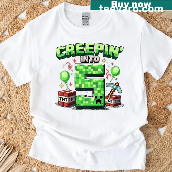 Cartoon-style gamer T-shirt celebrating a boy's 5th birthday