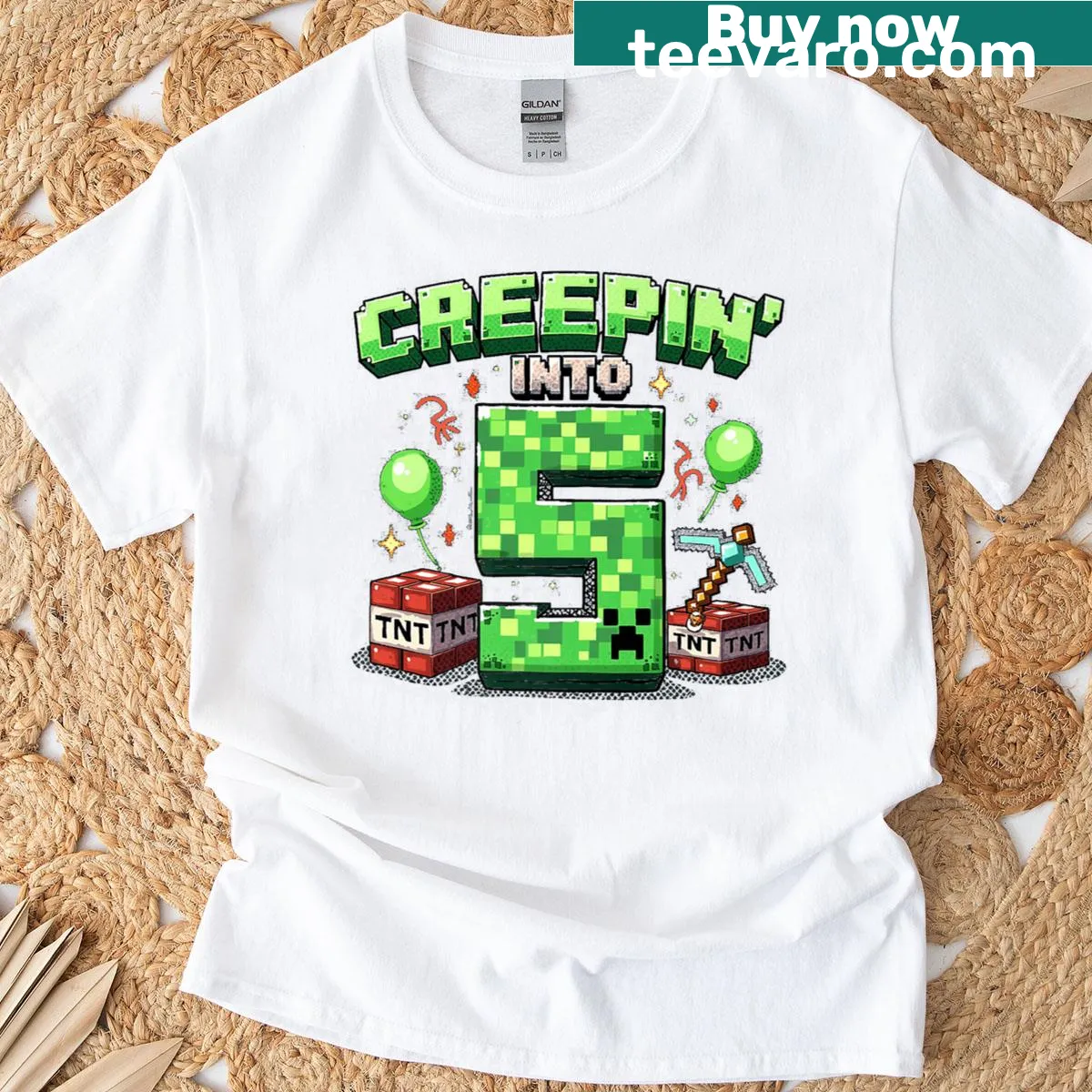 Cartoon-style gamer T-shirt celebrating a boy's 5th birthday — on a men's t-shirt