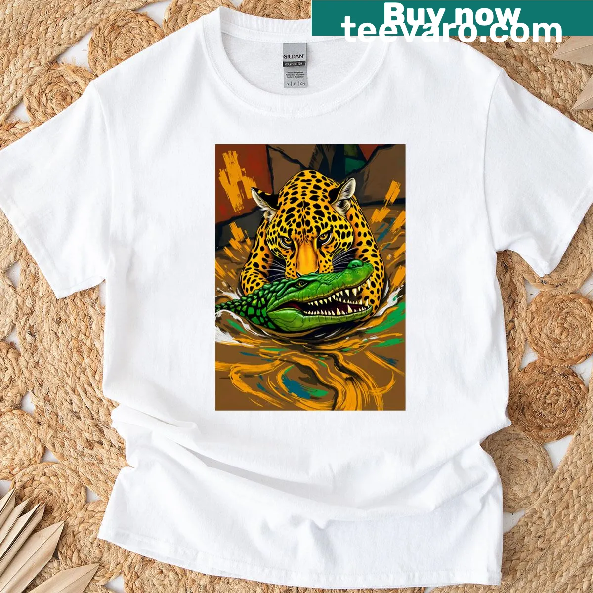 T-shirt illustrating a jaguar and alligator in a fierce battle scene — on a men's t-shirt