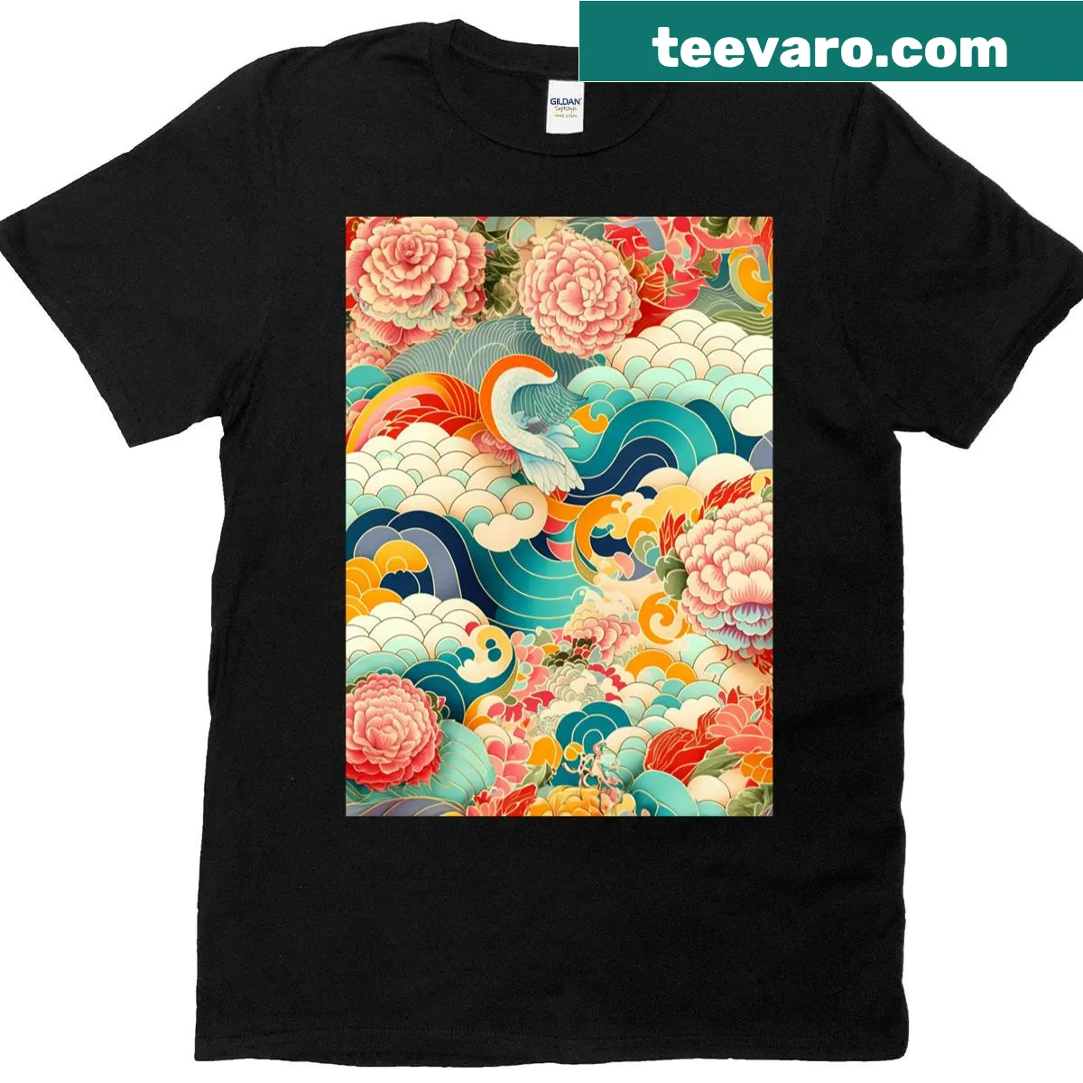 T-shirt featuring intricate Japanese floral art design — on a men's t-shirt