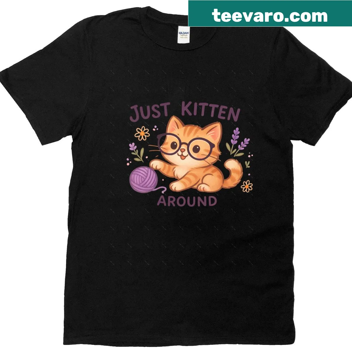 Oversized t-shirt with a cute orange cat, glasses, and yarn — on a men's t-shirt
