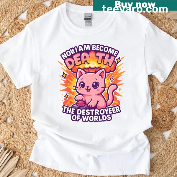 Cute meme design T-shirt featuring a cat and nuclear button theme