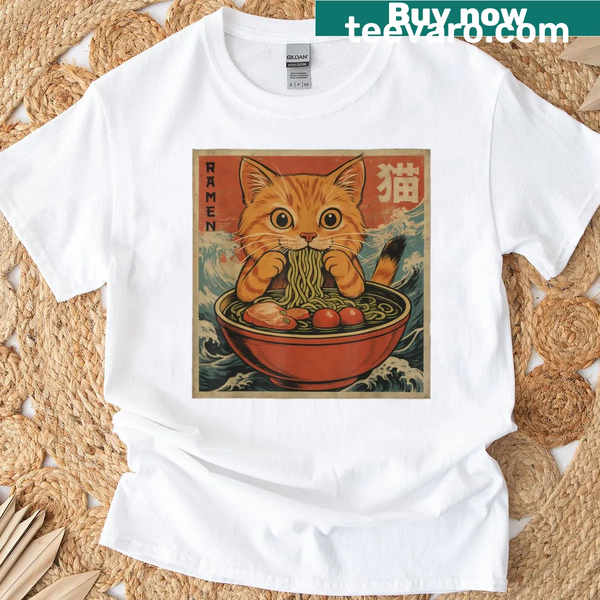 Kawaii orange cat eating ramen noodles graphic on T-shirt — on a men's t-shirt