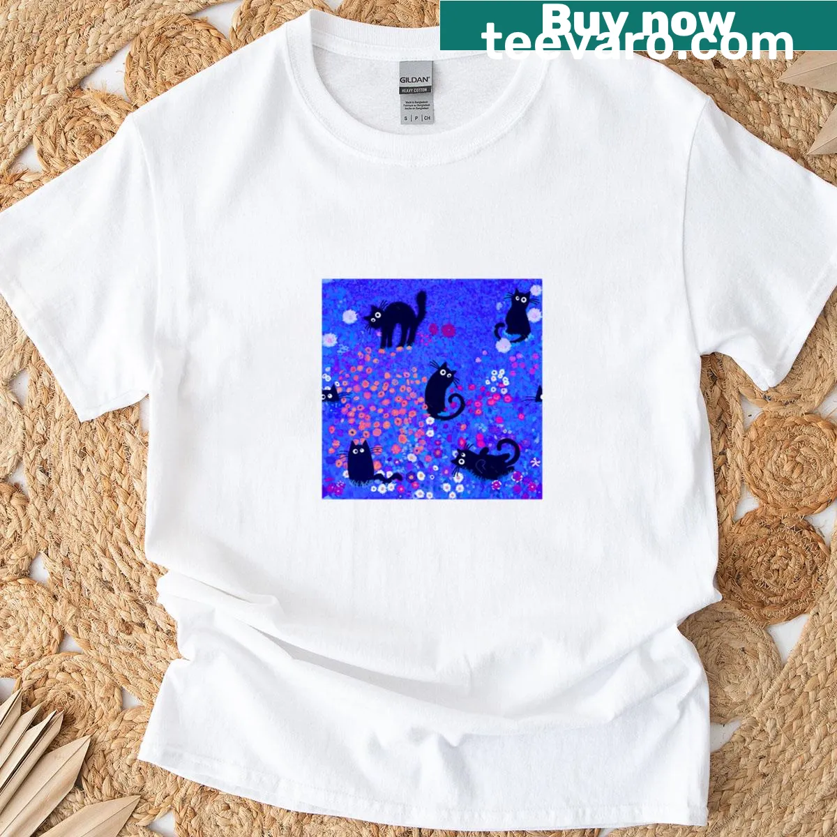 Whimsical cat illustrations inspired by Klimt on T-shirt — on a men's t-shirt