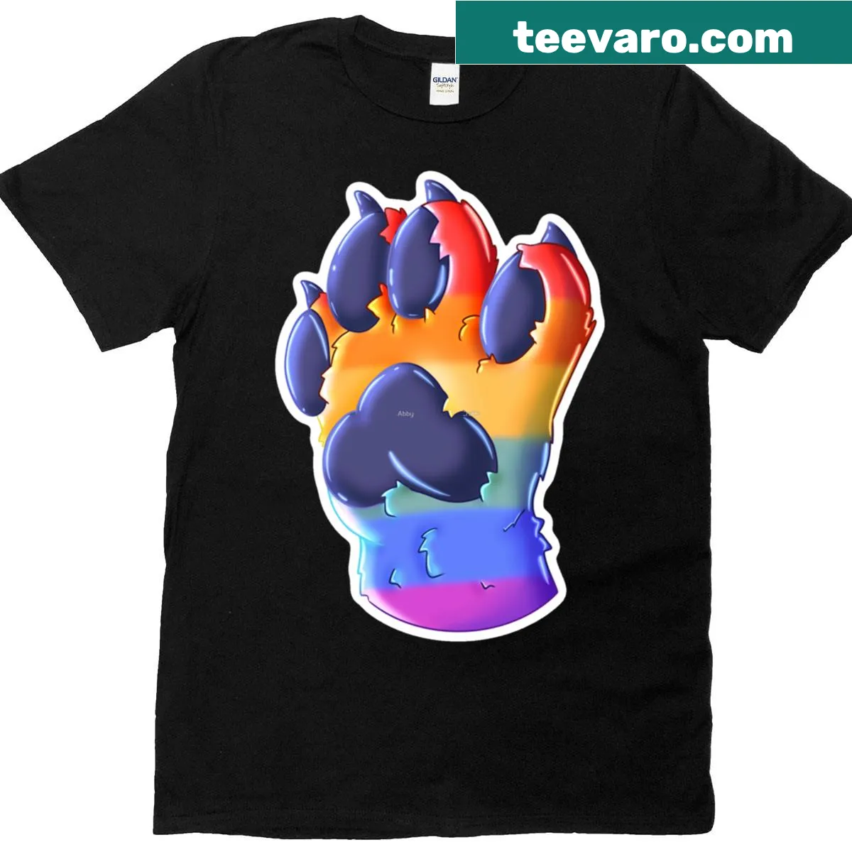 Oversized t-shirt featuring a rainbow paw print celebrating LGBTQ+ pride — on a men's t-shirt