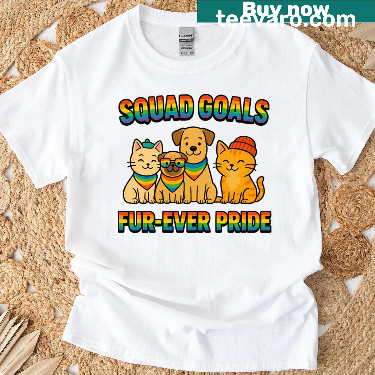 Cute LGBTQ pride T-shirt with rainbow dogs and cats illustration — on a men's t-shirt