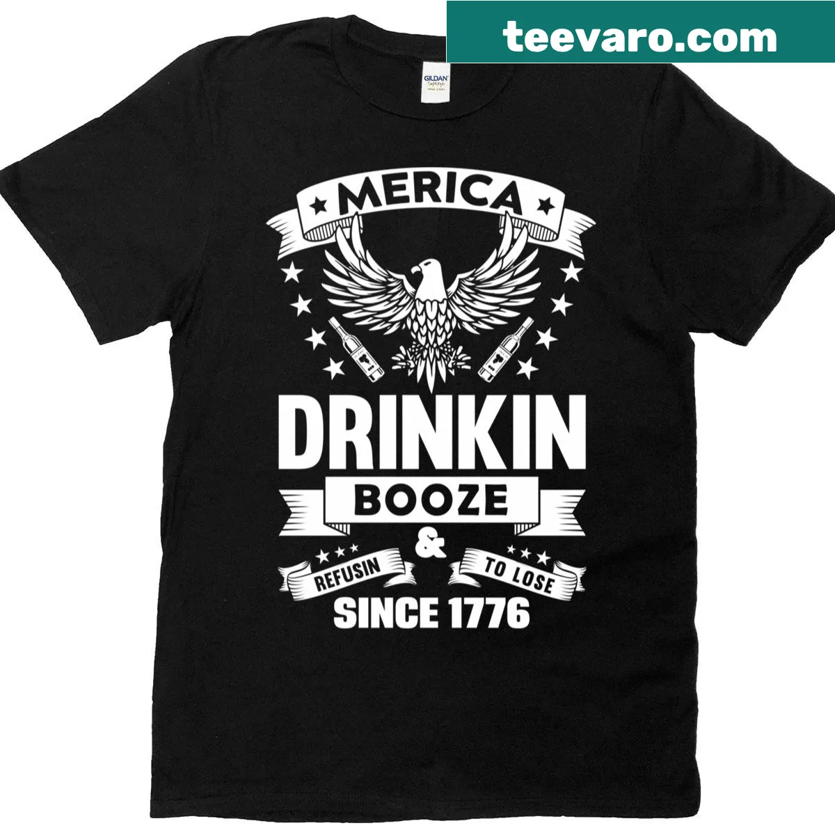 T-shirt with a badge design combining patriotic symbols and drinks — on a men's t-shirt