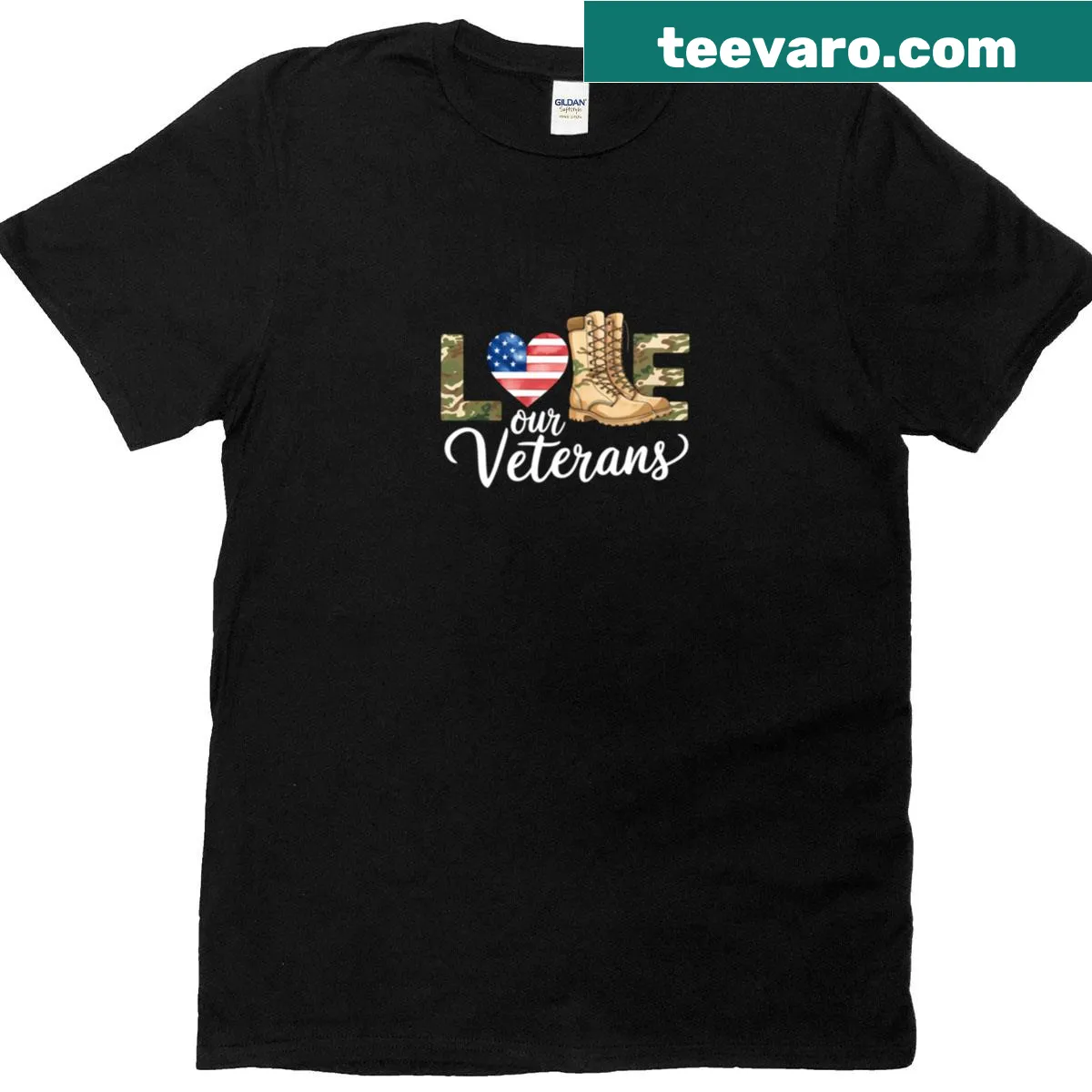 Patriotic T-shirt with bold typography supporting veterans — on a men's t-shirt