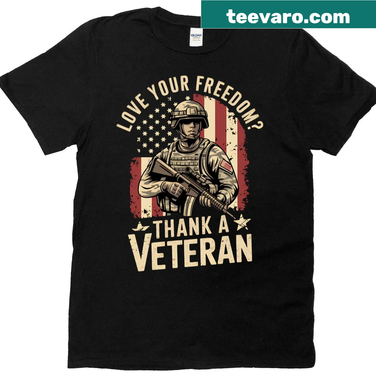 Patriotic T-shirt with a message thanking veterans — on a men's t-shirt