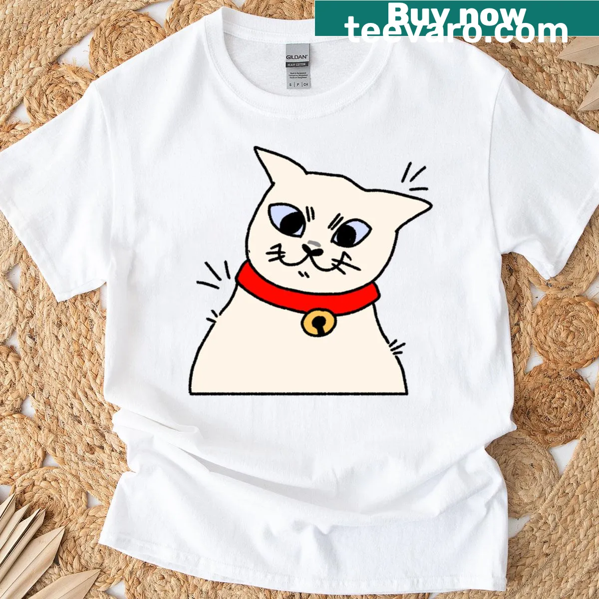 T-shirt featuring a whimsical lucky cat illustration — on a men's t-shirt