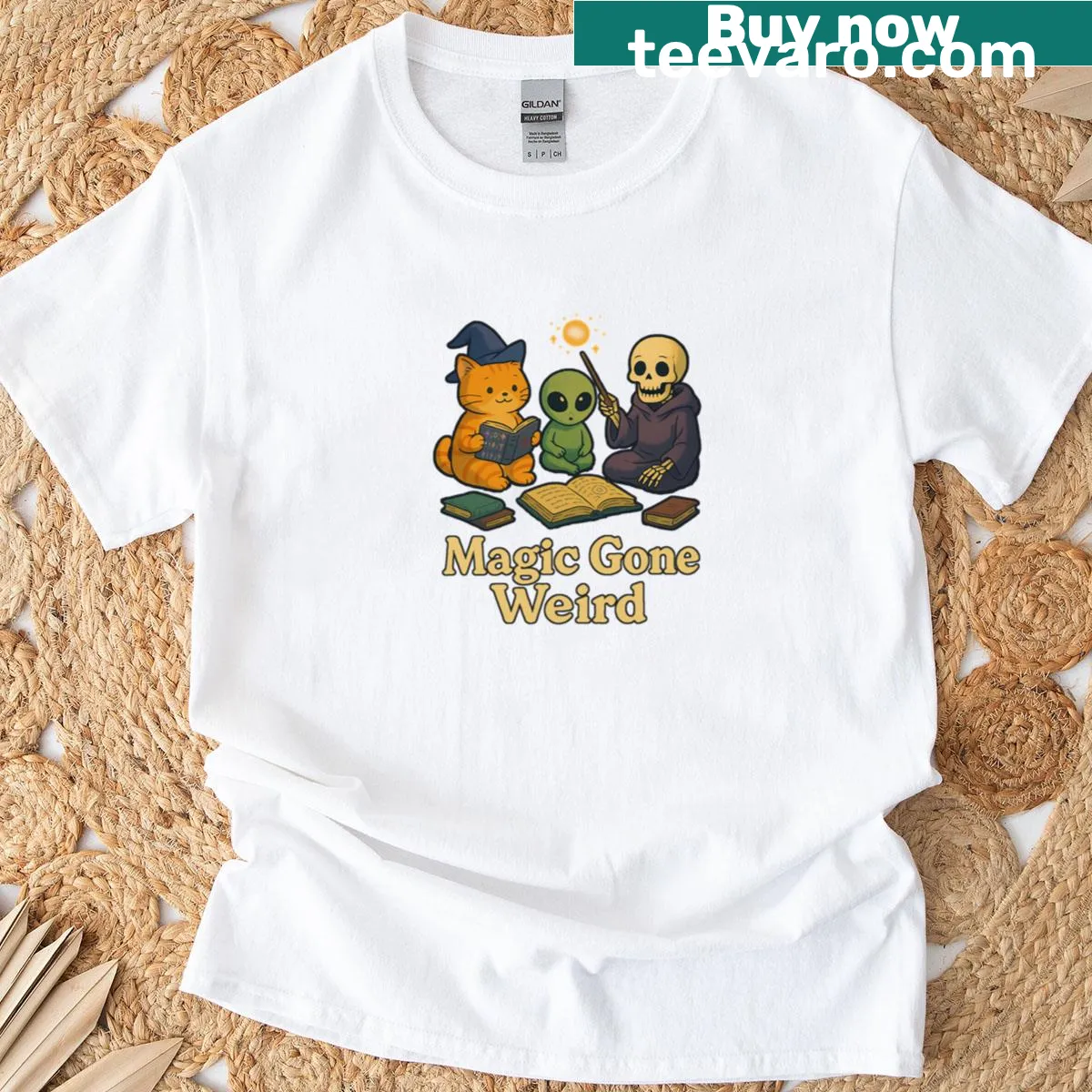 Whimsical cat skeleton wizard design on a premium scoop t-shirt — on a men's t-shirt