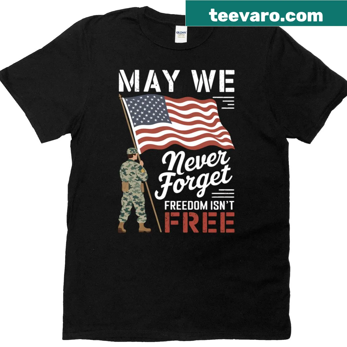 Memorial Day T-shirt featuring US flag and the phrase "Freedom Isn't Free" — on a men's t-shirt