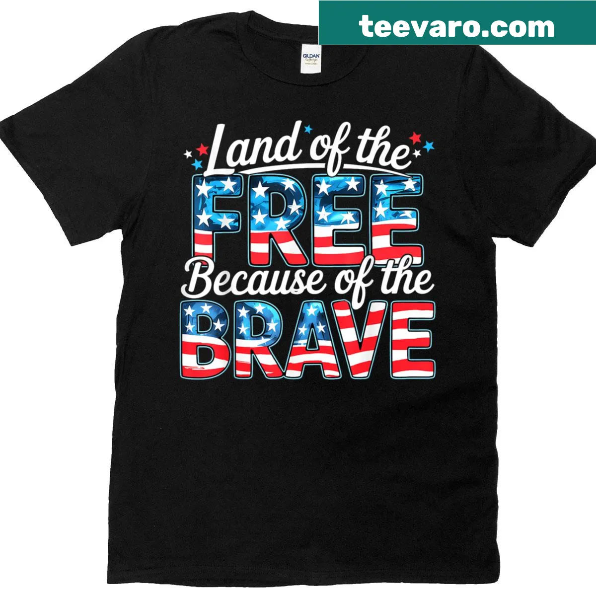 Memorial Day T-shirt with US flag and the phrase "Land of the Free Because of the Brave" — on a men's t-shirt