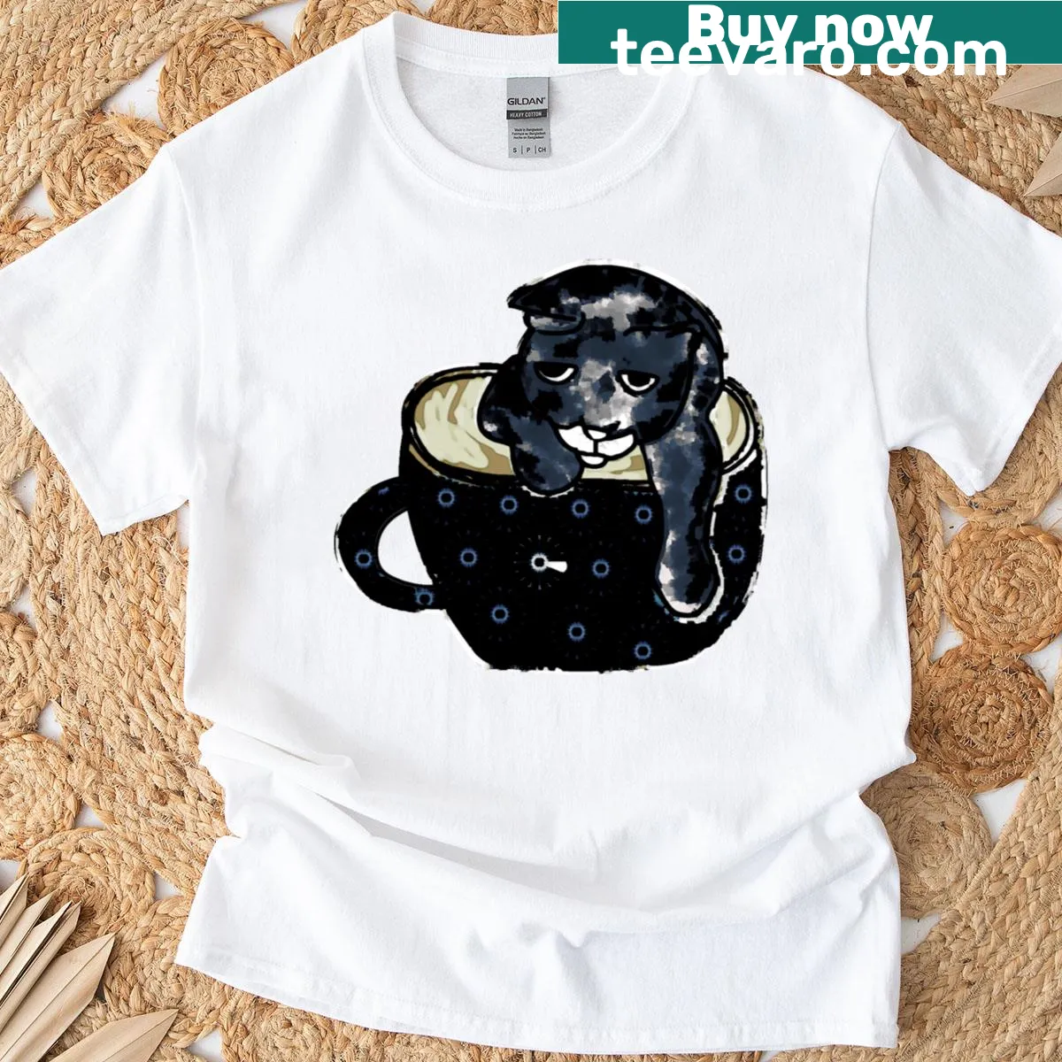 Illustration of a cat with text about coffee cravings — on a men's t-shirt
