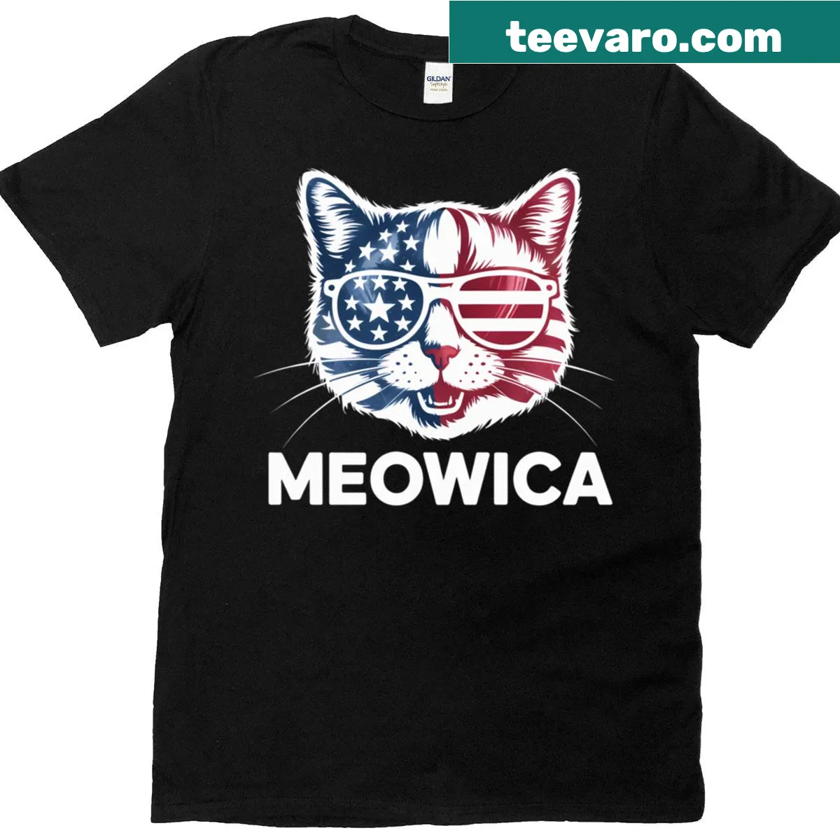 Patriotic T-shirt with a funny cartoon cat in sunglasses and an American flag — on a men's t-shirt