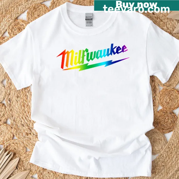 Colorful rainbow graphic on Milfwaukee T-shirt