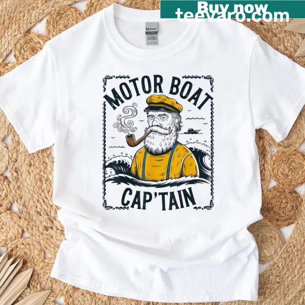 Illustrative Motor Boat Captain t-shirt for boating enthusiasts.