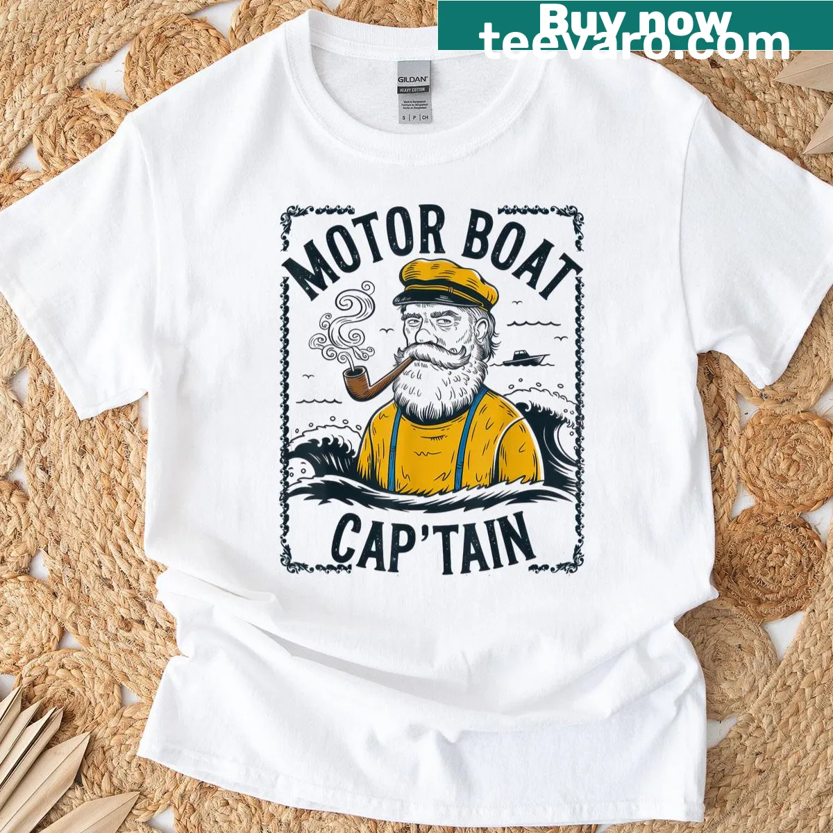 Illustrative Motor Boat Captain t-shirt for boating enthusiasts. — on a men's t-shirt