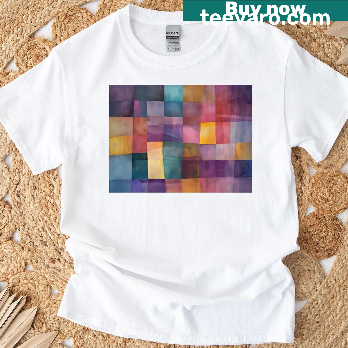 Abstract patchwork design T-shirt with various patterns — on a men's t-shirt