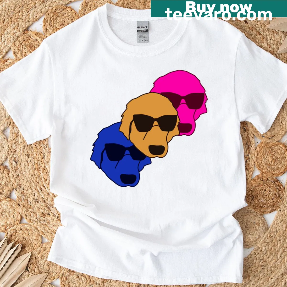 Illustrative Golden Retriever t-shirt with sunglasses for dog lovers. — on a men's t-shirt