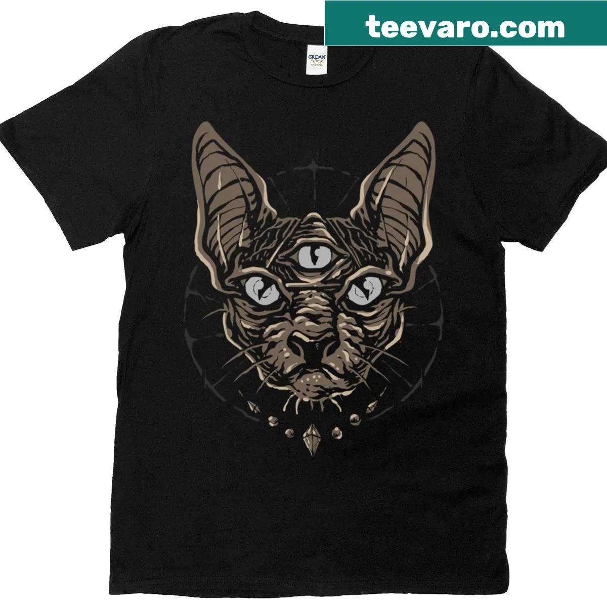 Illustration of a mystical cat with third eye on a T-shirt — on a men's t-shirt