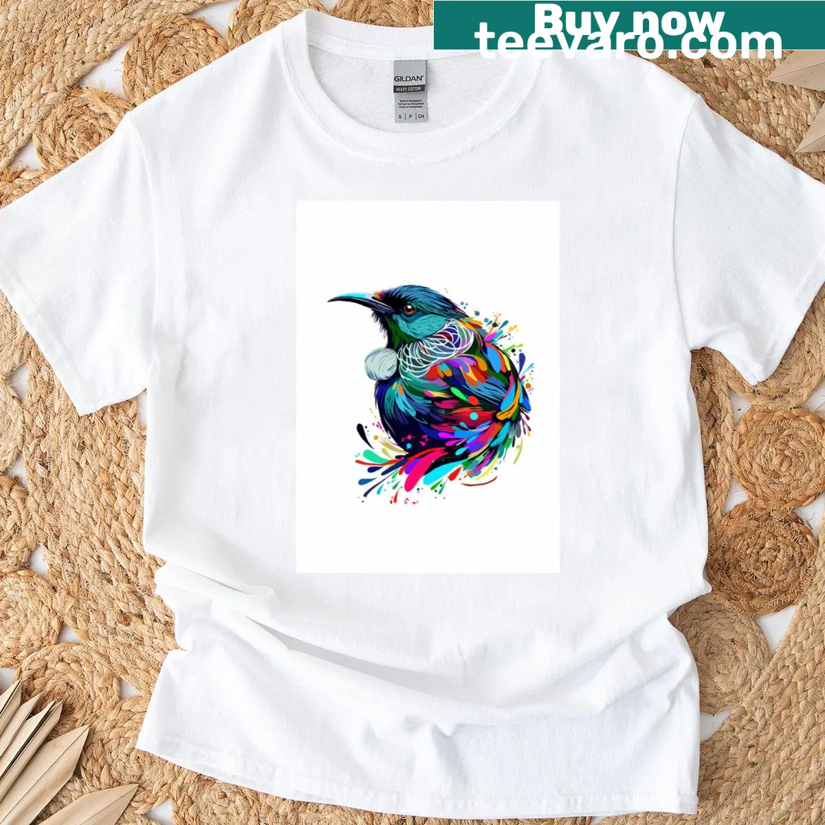 Illustration of a New Zealand Tui bird on a T-shirt — on a men's t-shirt