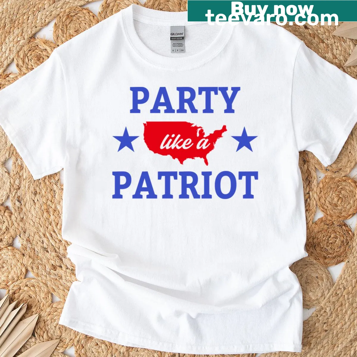 Bold 'Patriot Party Time' graphic T-shirt for festive occasions — on a men's t-shirt