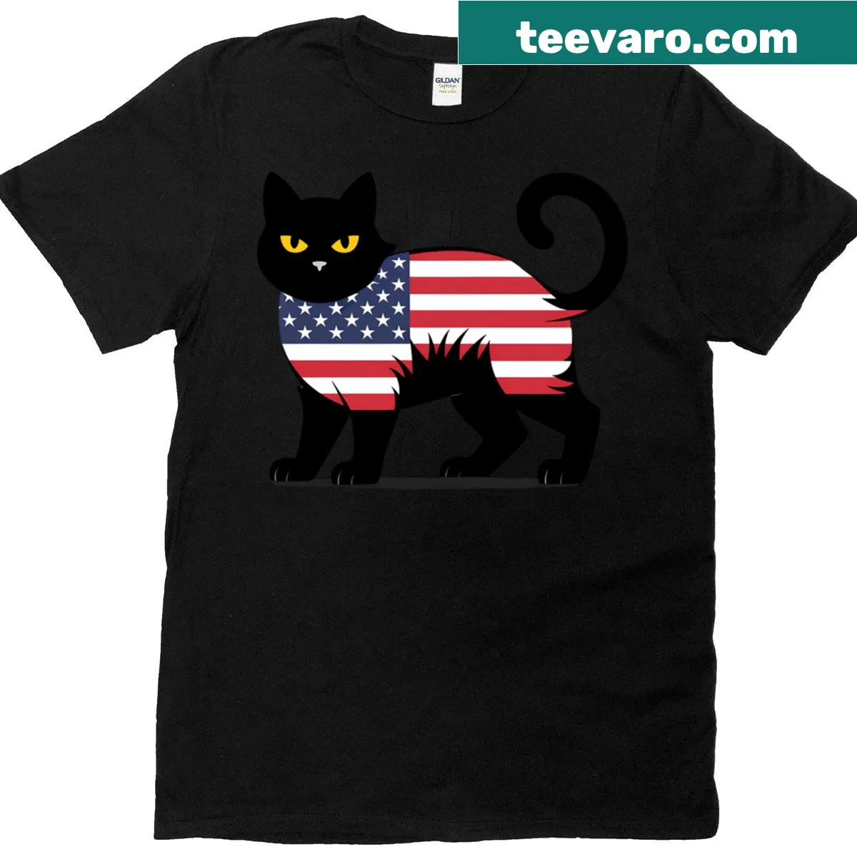 Patriotic black cat design with USA flag for cat lovers — on a men's t-shirt
