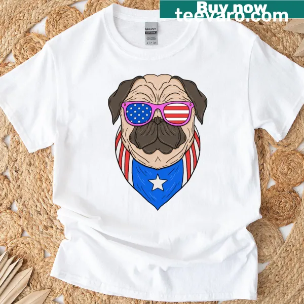 Cute pug illustration on a patriotic t-shirt