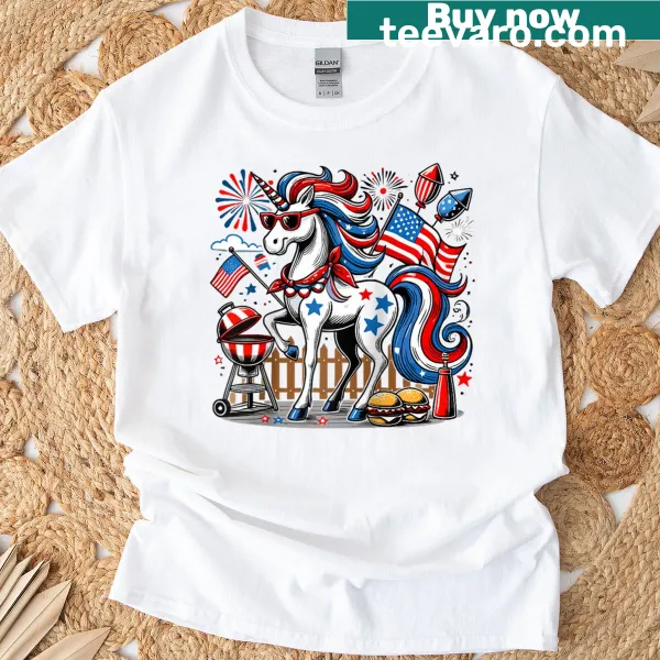 Unicorn and patriotic design on a Fourth of July tee