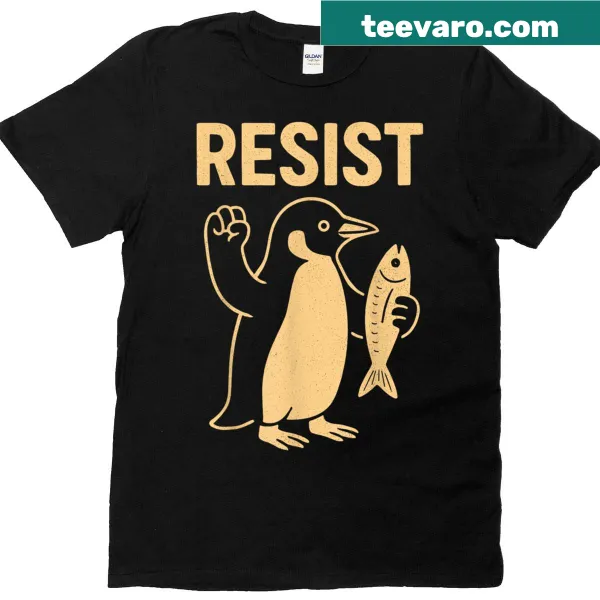 Illustrative penguins protesting with humorous banners on T-shirt