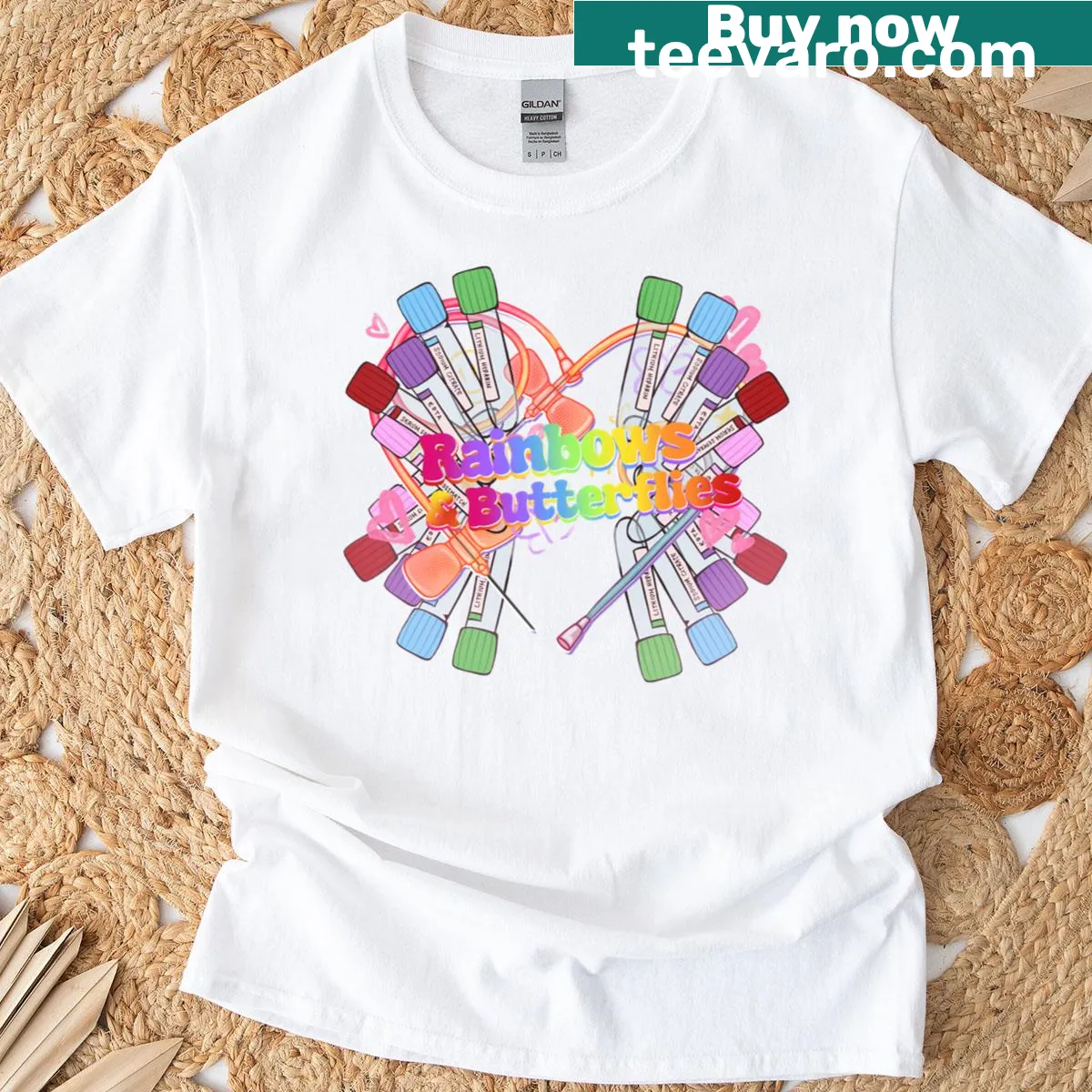 T-shirt featuring rainbows and butterflies honoring phlebotomists — on a men's t-shirt