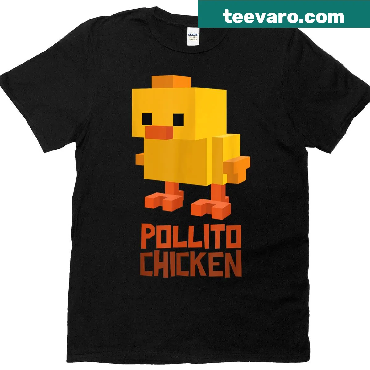 Funny pixelated chicken T-shirt in retro gaming style — on a men's t-shirt