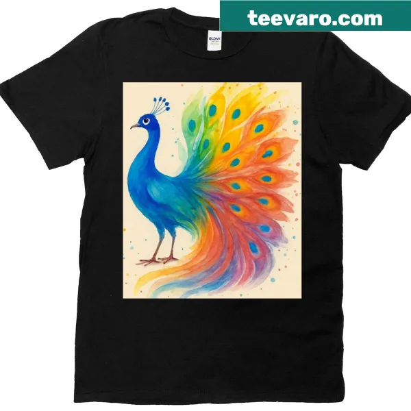 Illustrated peacock design on an oversized T-shirt.
