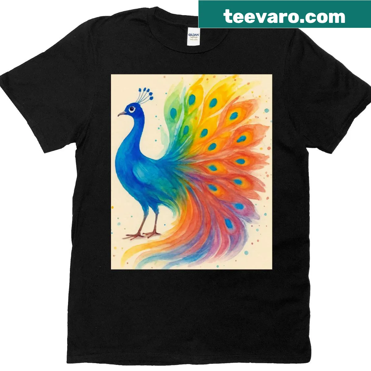 Illustrated peacock design on an oversized T-shirt. — on a men's t-shirt