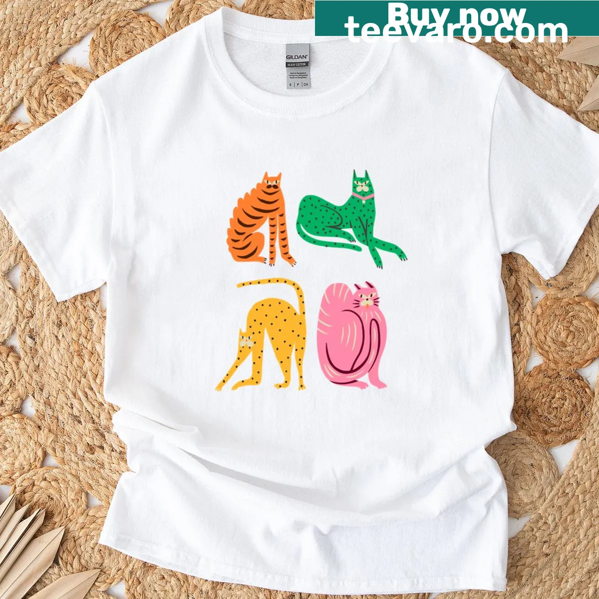 Modern pop art T-shirt featuring playful cat illustrations — on a men's t-shirt