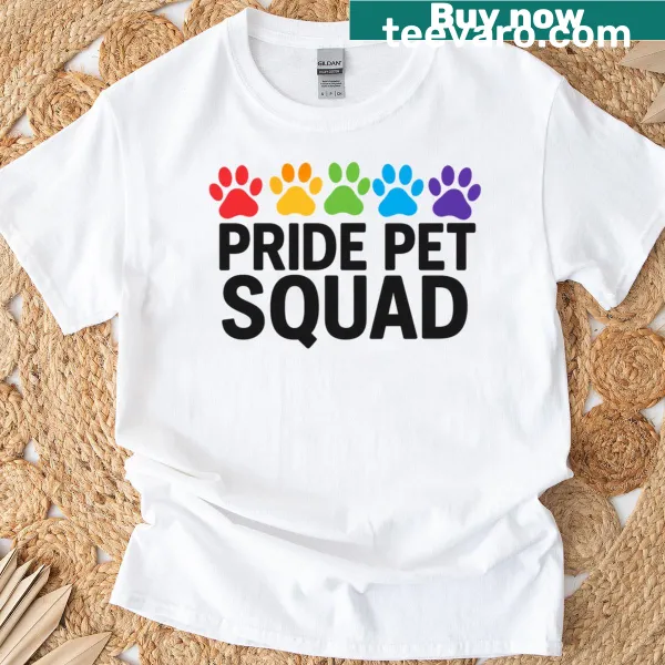 Rainbow paw print graphic T-shirt celebrating pets and LGBTQ+ pride