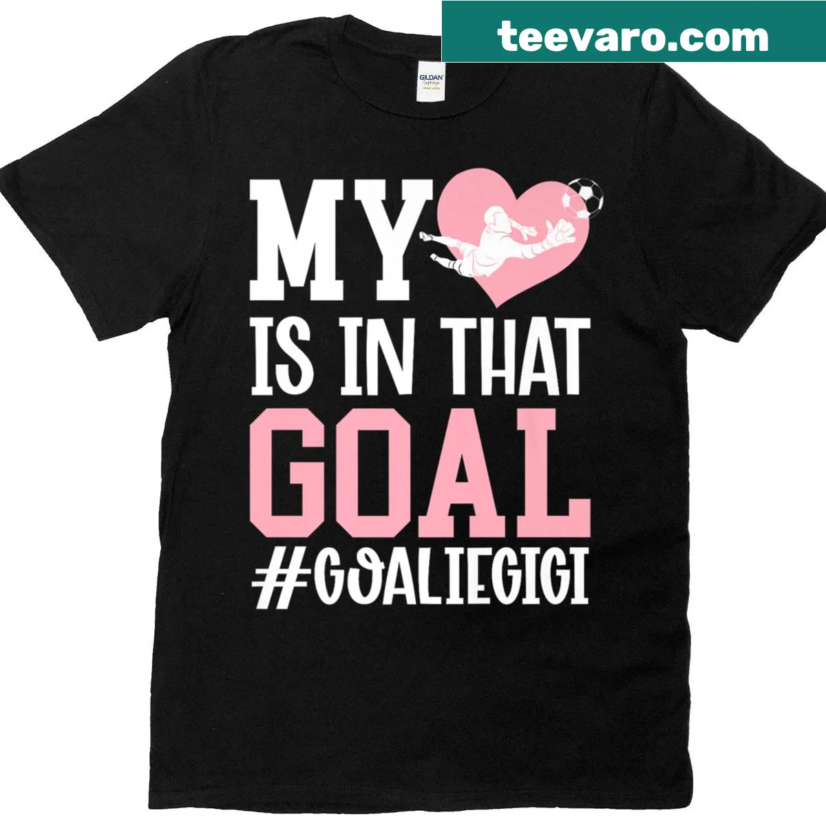 Soccer goalie themed T-shirt with 'Goalie Gigi' text. — on a men's t-shirt