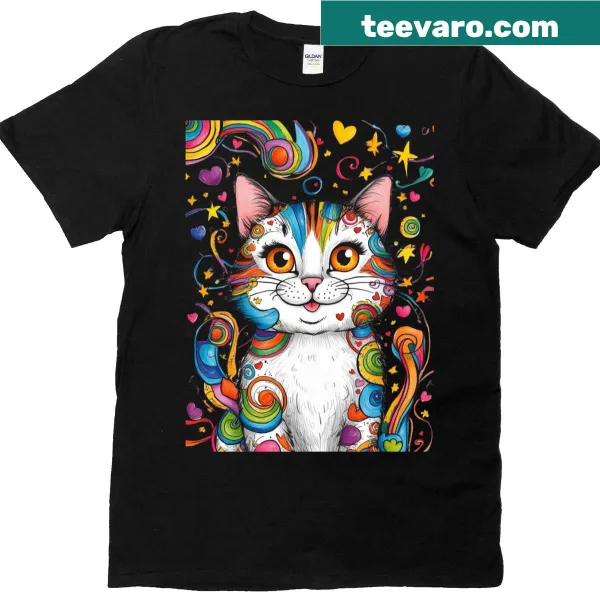 Whimsical psychedelic design of a kitty on T-shirt