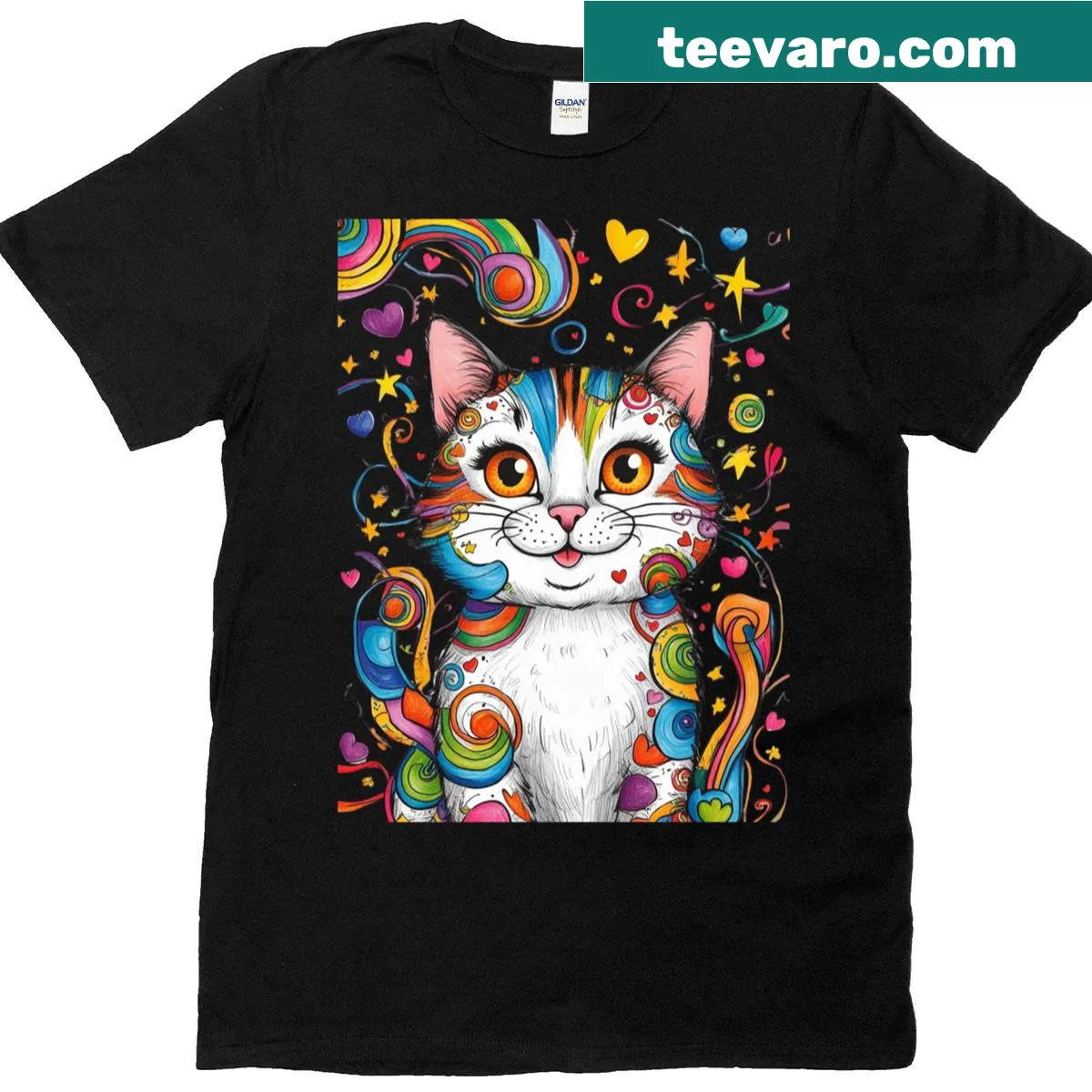 Whimsical psychedelic design of a kitty on T-shirt — on a men's t-shirt