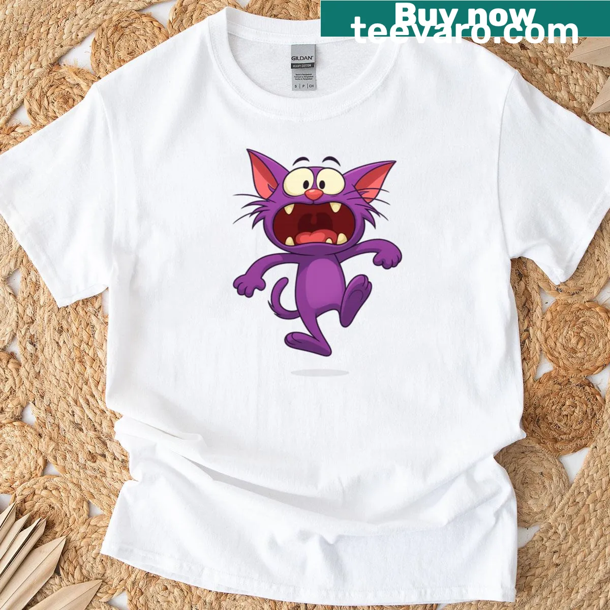 Cute purple cat illustration on a whimsical t-shirt. — on a men's t-shirt