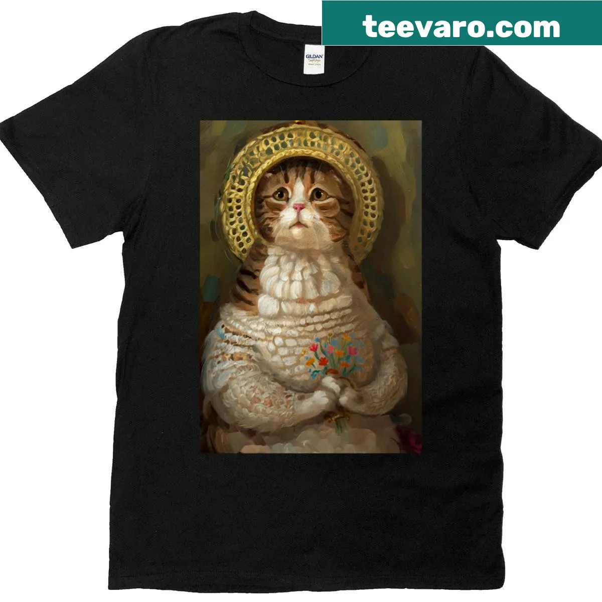 Cute cat illustration with a halo on a T-shirt — on a men's t-shirt