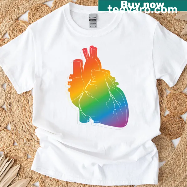 Light outline design of a rainbow heart on a t-shirt