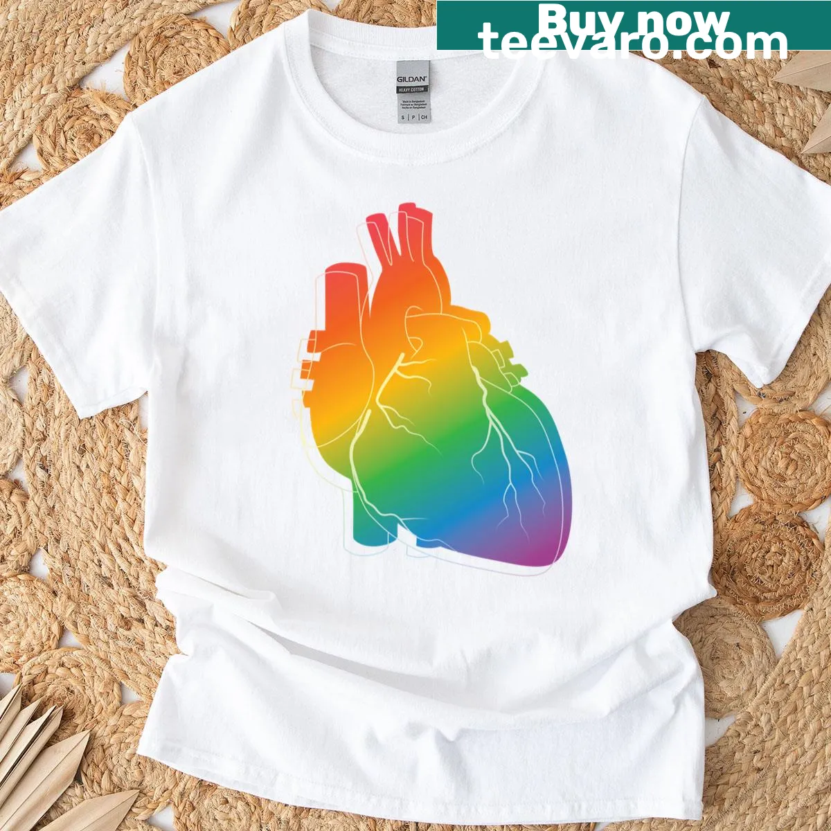 Light outline design of a rainbow heart on a t-shirt — on a men's t-shirt