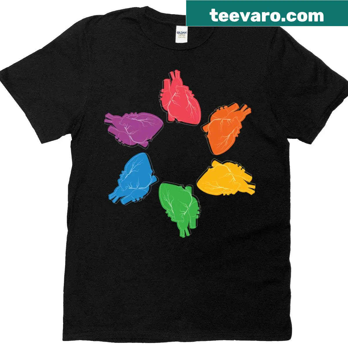 Oversized T-shirt with rainbow hearts on a dark background — on a men's t-shirt